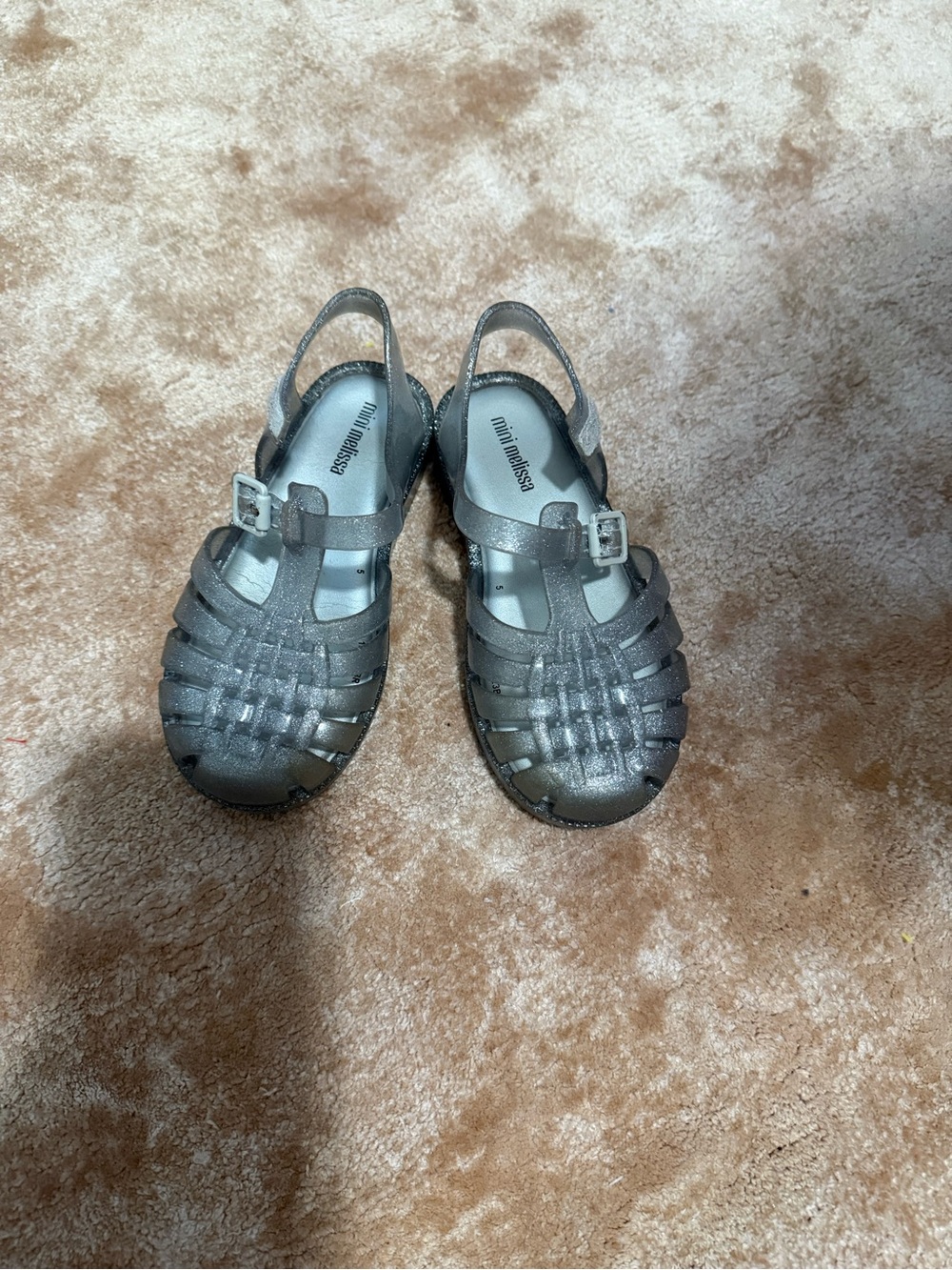 Mini Melissa Girls' Metallic Gray Jelly Sandals with Buckle